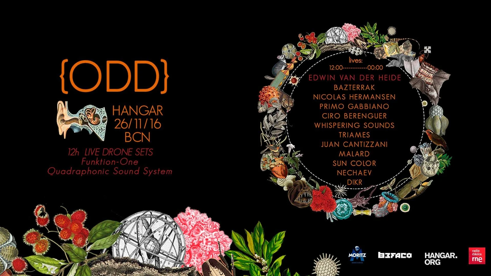 Poster for the {ODD} One Drone Day event at Hangar Barcelona, with a botanical illustration wreath and a lineup of live drone sets including Nechaev