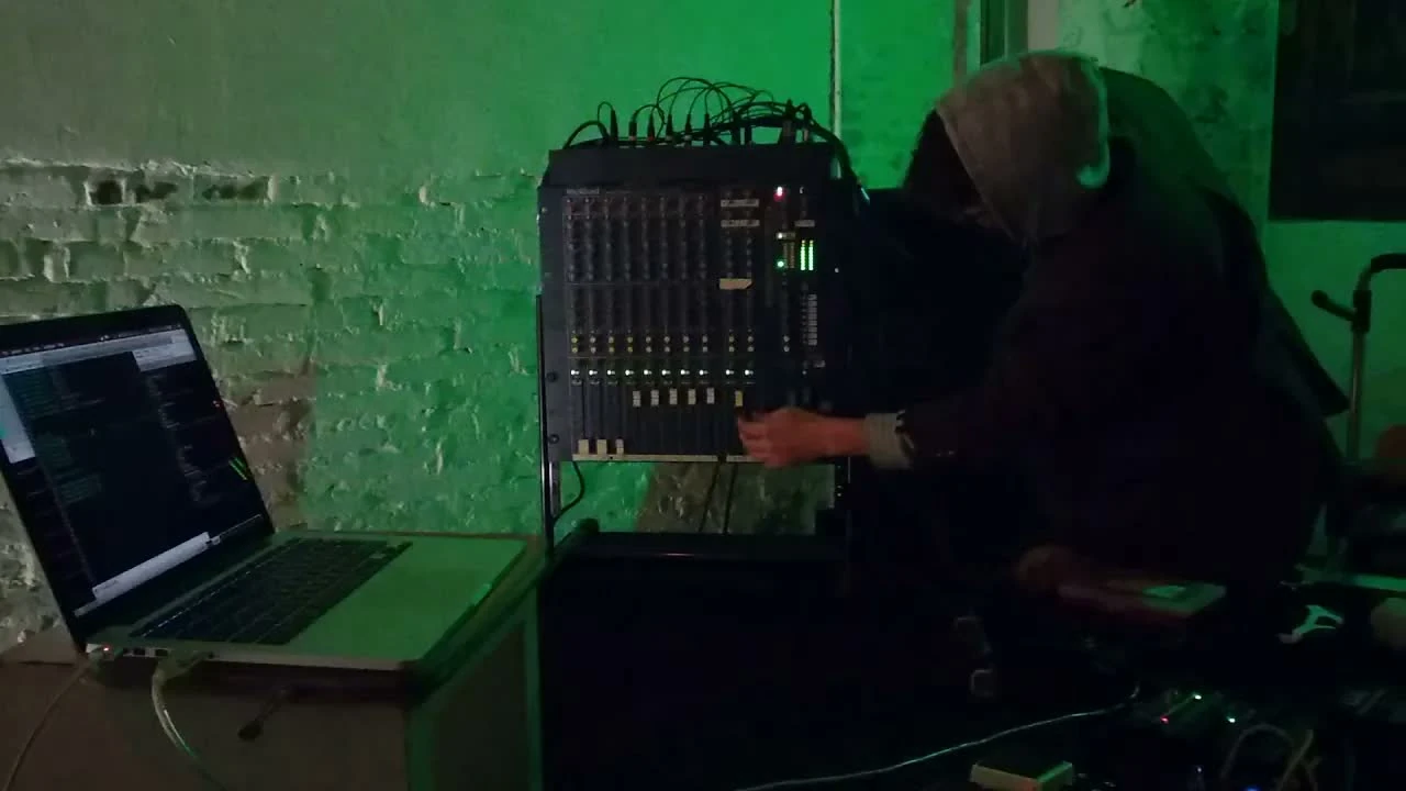 Video still from a live performance at Perills 44, with SuperCollider and guitar pedals
